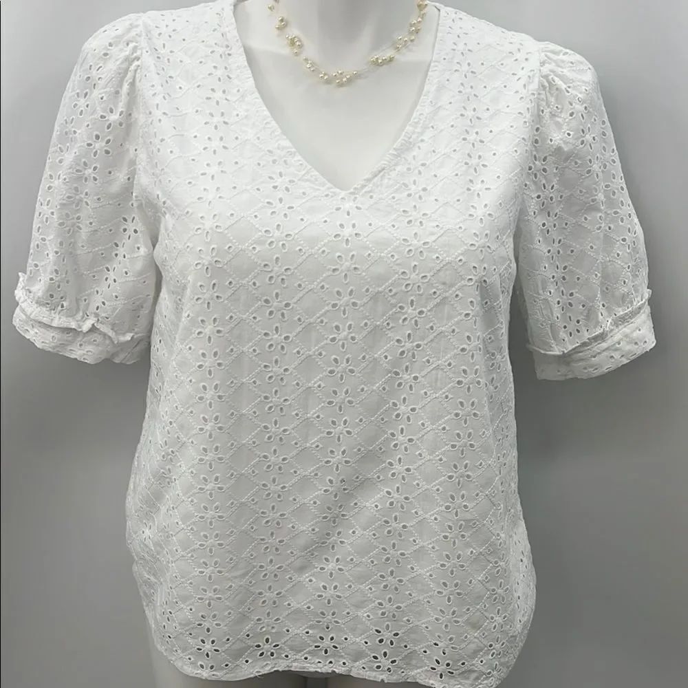 Draper James White Puff Sleeve Ruffled Eyelet Blouse